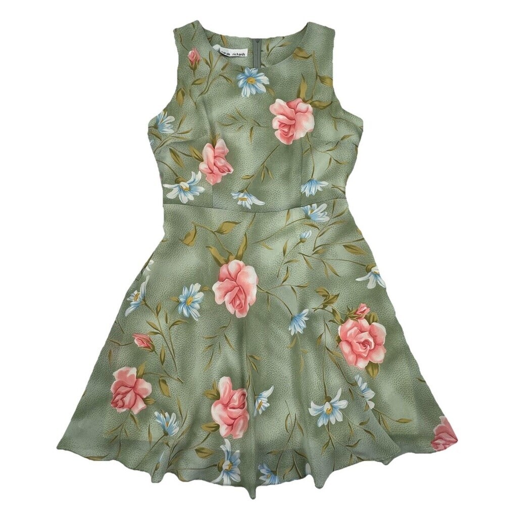 Sarah Richards Green Floral Dress Womens Sleeveless Fit Flare Belted